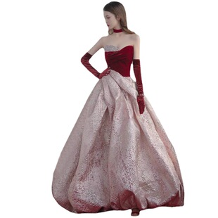 Bride Toast Dress Gloves Wine Red Golden Velvet Women's Vintage Banquet Wedding Dress Photo Hand Sleeve Arm Sleeve Lengthened