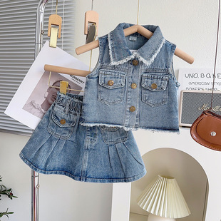 Girls Summer New Arrival Denim suit Girls Sleeveless Ruffled Jacket Pleated Skirt Fashionable Two-Piece Set