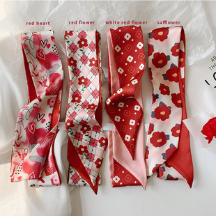 Red Scarf small long hair band summer tie bag ribbon decorative scarf with shirt fashion high sense
