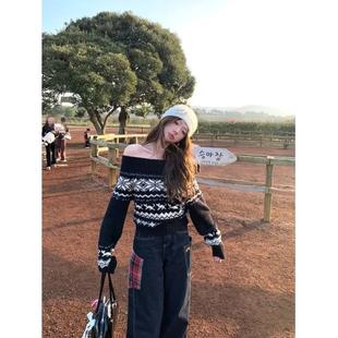2024 new vintage fair island off-shoulder long sleeve sweater women's winter soft waxy chic loose pullover top