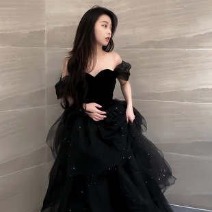 French off-shoulder evening dress women's black adult ceremony vocal art test off-shoulder banquet host gauze skirt niche