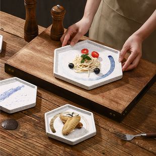 Cross-border Japanese-style Ceramic Plate Western-style Steak Pasta Plate Household Plate Commercial Sushi Plate Vintage Hexagonal Plate Tray