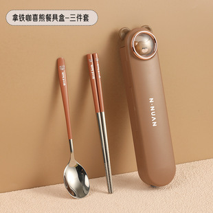 Portable Chopsticks Spoon suit Storage Box Cute Cartoon Student Children Stainless Steel Three-piece Tableware