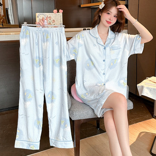 Pajamas women's three-piece 2025 new summer day clouds cotton short sleeve high-end spring and autumn home clothes suit wholesale