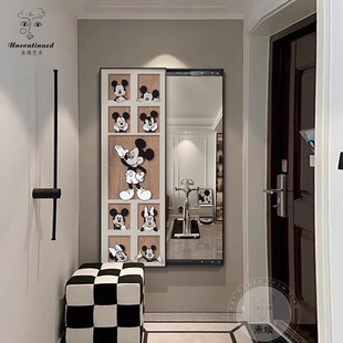 ins Cream Style Entrance Hallway Decorative Painting Mickey Hidden Push-Pull Full-Body Mirror Advanced Light Luxury Hallway Hanging Painting