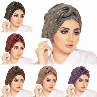 Cross-border Hat Women's Sequin Wrinkled Cloth Knot Tape Hat Ethnic Cloth Hat Bronzing Round Button Pullover Hat