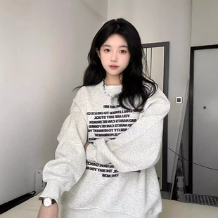 Hua Cotton Composite 310g Composite Silver Fox Velvet 400g] Fleece-lined and Thickeneded American Retro Loose Sweatshirt for Women with White and Gray