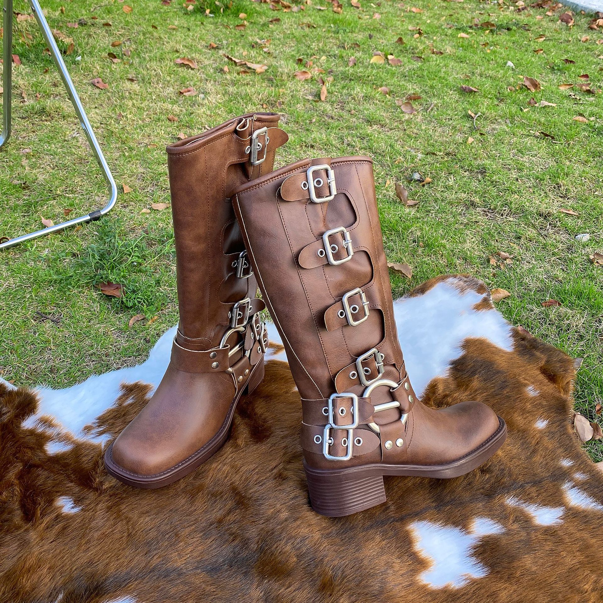 Belt Buckle Retro High Boots Fashion Boots Women's Boots Wholesale New Style Boots Thick Heel Western Boots Heightened Boots