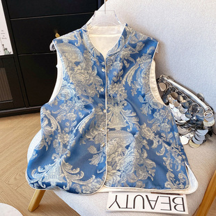 Real Shot Early Spring New Fashion New Chinese Jacquard Vest National Style Crewneck Elegant Outer Wearing Vest High-end Tang Suit Top