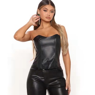 European and American Style 2024 Summer Fashion New Style Strapless Waist Slimming Sexy Women PU Small Vest Women's Strapless