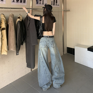 American Style Retro Street Style Niche Deconstructed Design Sense Denim Wide Leg Pants Unisex Washed Old Scimitar Pants