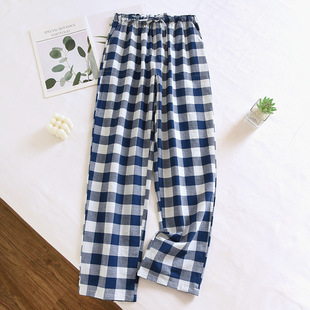 Plaid Washed Cotton Pajama Pants Women's Spring Summer Autumn Thin Sweat-Absorbing Breathable Cotton Home Pants Outwear Casual Trousers