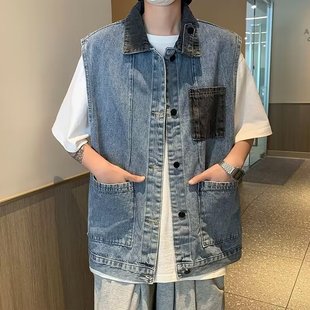 Boys Color-block Lapel Denim Vest Jacket Trendy Brand Ins Hong Kong Style Loose Stitching Pocket Waistcoat Vest Vest