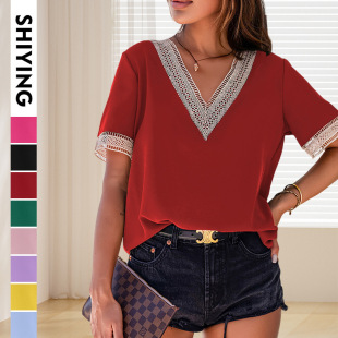 Shiying European and American V-neck Lace Stitching Pullover Women's Summer Short-sleeved Hollow-out Perspective Loose T-shirt for Women