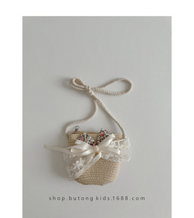 Sweet Mesh Kidsren's Straw Bag, Fashionable Flower Shoulder Bag, Forest Style Baby Super Fairy Lace Bow Crossbody Bag