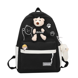 New Backpack Women's Korean-style Cute Bear Doll Junior High School Student Campus Backpack Canvas College Student Backpack