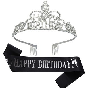 birthday Crown happy birthday Party Crown Hairband Crystal Headwear Hair Accessories Glitter Belt Ribbon