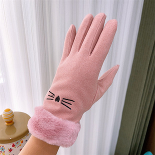 Winter Warm Gloves for Women, Cycling Touch Screen Gloves, Plus Velvet Student Gloves, Autumn and Winter Cute Cat Velvet Gloves for Women