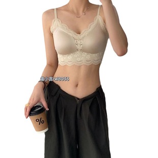 W8033# Korean Gentle Wear Lace Satin Women's V-Neck Seamless Comfortable Comfortable with Chest Pad and Vest Sling