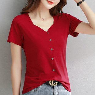3159 # Summer V-Neck Short-Sleeved T-Shirt for Women (Real Shot) (95 Cotton 5 Spandex)