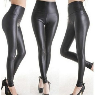 European and American Women's Leather High Waist Stretch Breathable Slim-fit Slimming Leather Skinny Pants Cropped Leather Pants Women's Leggings Black 9004