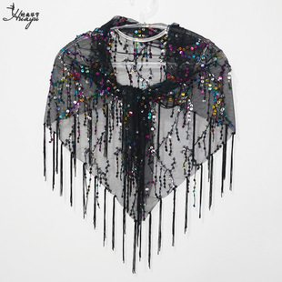 Sequin Tassel Triangle Shoulder Women's Short Mesh Shoulder Bead Shoulder Triangle Shoulder All-match Scarf in stock