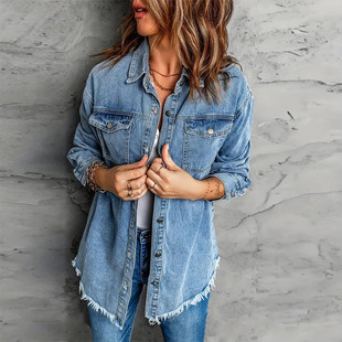 American Style Retro Fashionable dark blue Denim Shirt Coat Women's Autumn and Winter Long-sleeved Loose Rapped Shirt Stacked Top