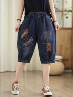 2025 Summer New Vintage Windmill Embroidered Pants Six-point Pants Loose High Waist Elastoelastic Outer Shorts Women's