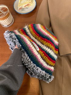 Rainbow Gradient Wool Hat Children's Autumn and Winter Face Showing Small Bag Hat Ethnic Style Tassel Color Warm Knitted Hat