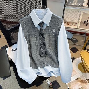 Academy Style Vest suit Women's Spring and Autumn 2025 New Wasp Stacked Knitted Vest Sweater Long Sleeve Shirt