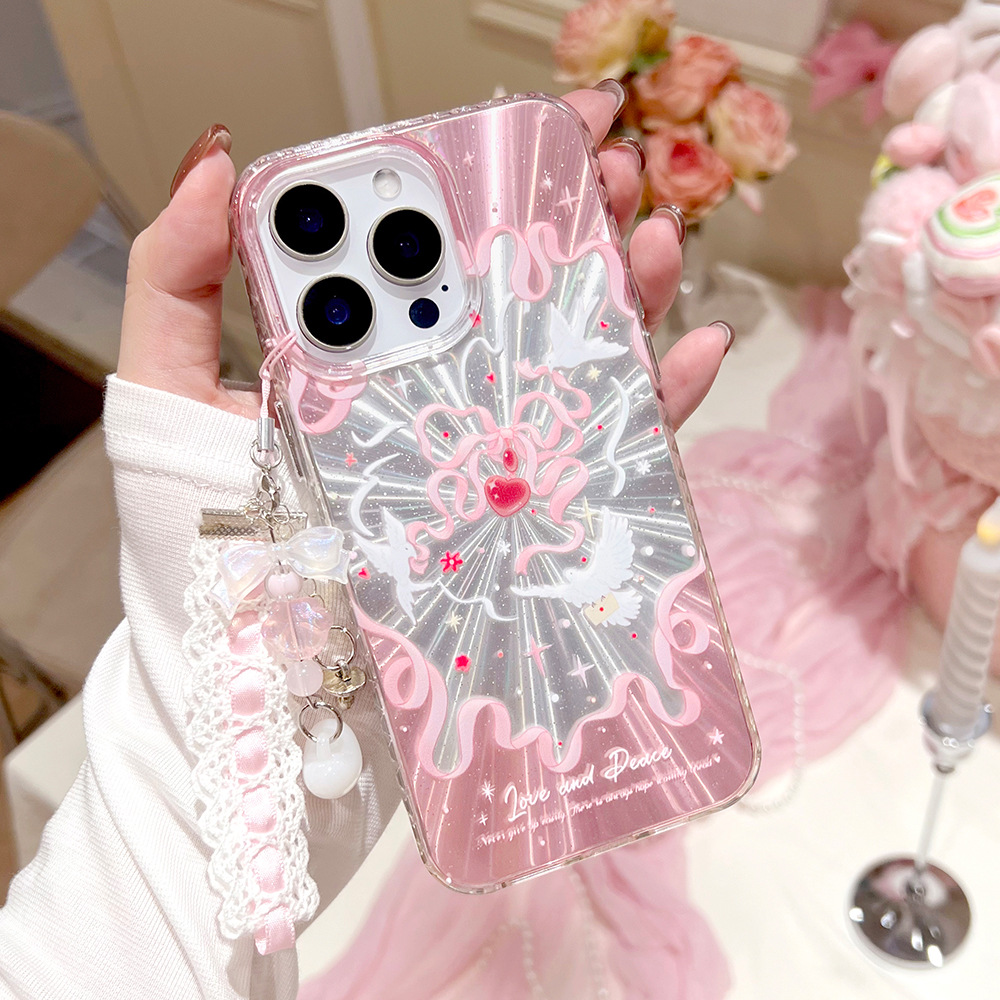 Pink Heart and White Dove iPhone 17 Pro Max Case, Apple 16 Drop-Proof Laser Aurora Case