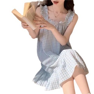 Summer New Pajamas for Women, Bubble Wrinkled Cloth Plaid Suspenders, Blue Bow Nightgown, Sweet Home Clothes That Can Be Worn Outside