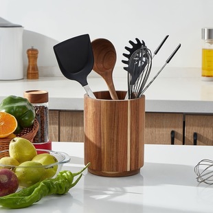 Wooden Round Tableware Storage Box Kitchen Utensils Storage Barrel Rotatable Tableware Finishing Box Desktop Finishing Wooden Box