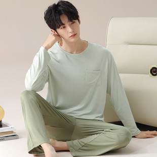 2025 New Men's Cool Pajamas Men's Spring and Summer Modal Long Sleeve Crewneck Pullover Youth Home Clothes suit