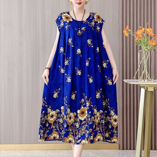 Middle-aged and Elderly Women's Clothing for Mother Summer Cotton Silk dress Outer Wear Loose plus size Summer Over-the-knee Artificial Cotton Skirt for Women