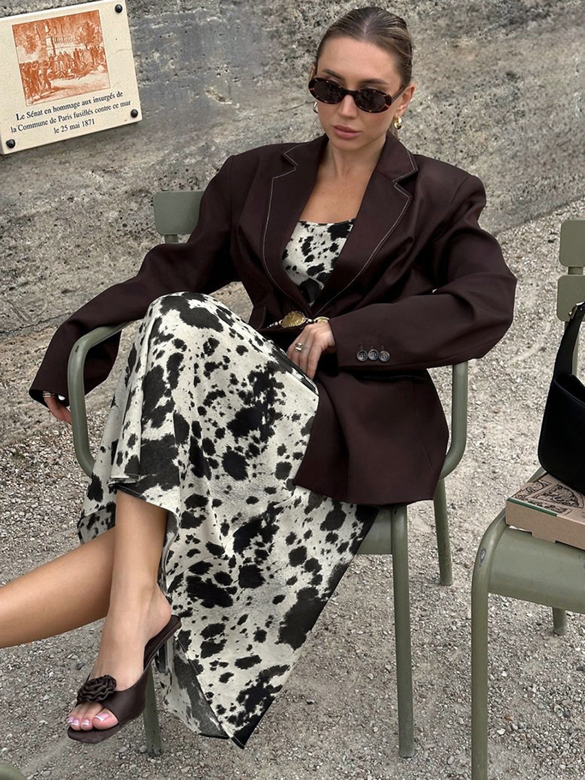 French-Style Sexy Spaghetti Strap Vintage Print Dress 2025 Autumn and Winter New Cross-Border High-End High-Waisted A-Line Dress for Women