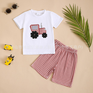 Baby Boy Baby Summer Car Embroidered Short-sleeved T-shirt Plaid Shorts suit