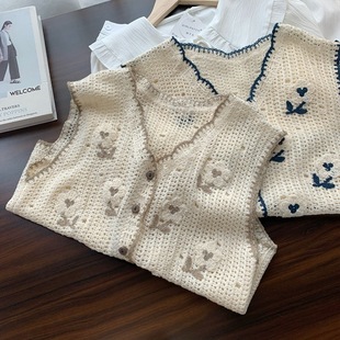 2023 early spring/folding outside lazy ~ retro heavy industry jacquard V-neck knitted vest sleeveless vest cardigan tide
