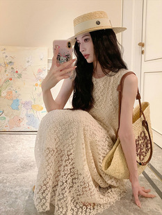 French Style High-end Lace dress Women's Summer Elegant Loose Lazy Style Sleeveless Vest Long Skirt