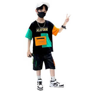 24 Summer Children's Fashion Fashion Style Contrast Color Loose Casual Suit Boys Handsome Short-sleeved Five-point Pants Two-piece Suit