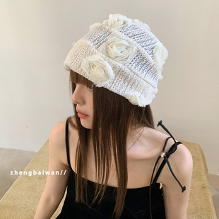 Spring and Autumn Baotou Niche Design Rose Cold Hat Women's Hollow Knitted Hat Breathable Thin Big Head Heap Hat