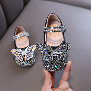 2025 Autumn New Lady Baby Girls Girls Princess Diamond Shoes Leather Shoes Dance Performance Shoes