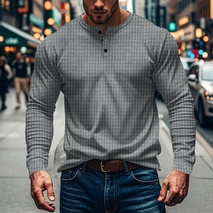 Autumn and Winter temu Men's T-shirt New Jacquard Small Square Casual Sports Cross-border Men's Casual Long Sleeve Henry Shirt