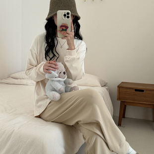 Morishima Autumn and Winter New Home Clothes Women's Contrast Color Skin-Friendly Long-Sleeved Trousers Top Soft Waxy Outer-Wearing Pajamas suit