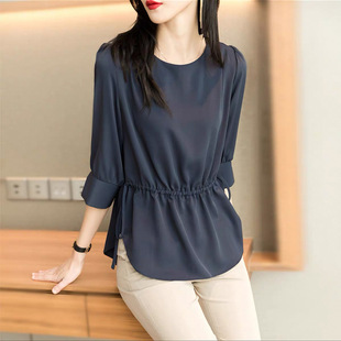 Chiffon Shirt Spring and Summer 2025 New Style Draped Waist Covering Belly All-match Top Seven-sleeve Age-reducing Lace-up Shirt for Women