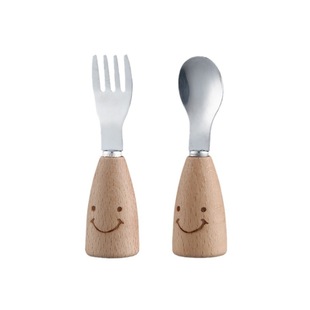 Smiley Wooden Handle Series Children's Tableware Spoon Fork Stainless Steel Cartoon Smiley Children's Spoon Fruit Fork