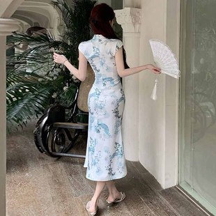 8633 Europe, America and Southeast Asia Foreign Trade Wholesale 2024 Women's Temperament Young Blue and White Porcelain Slimming Cheongsam dress