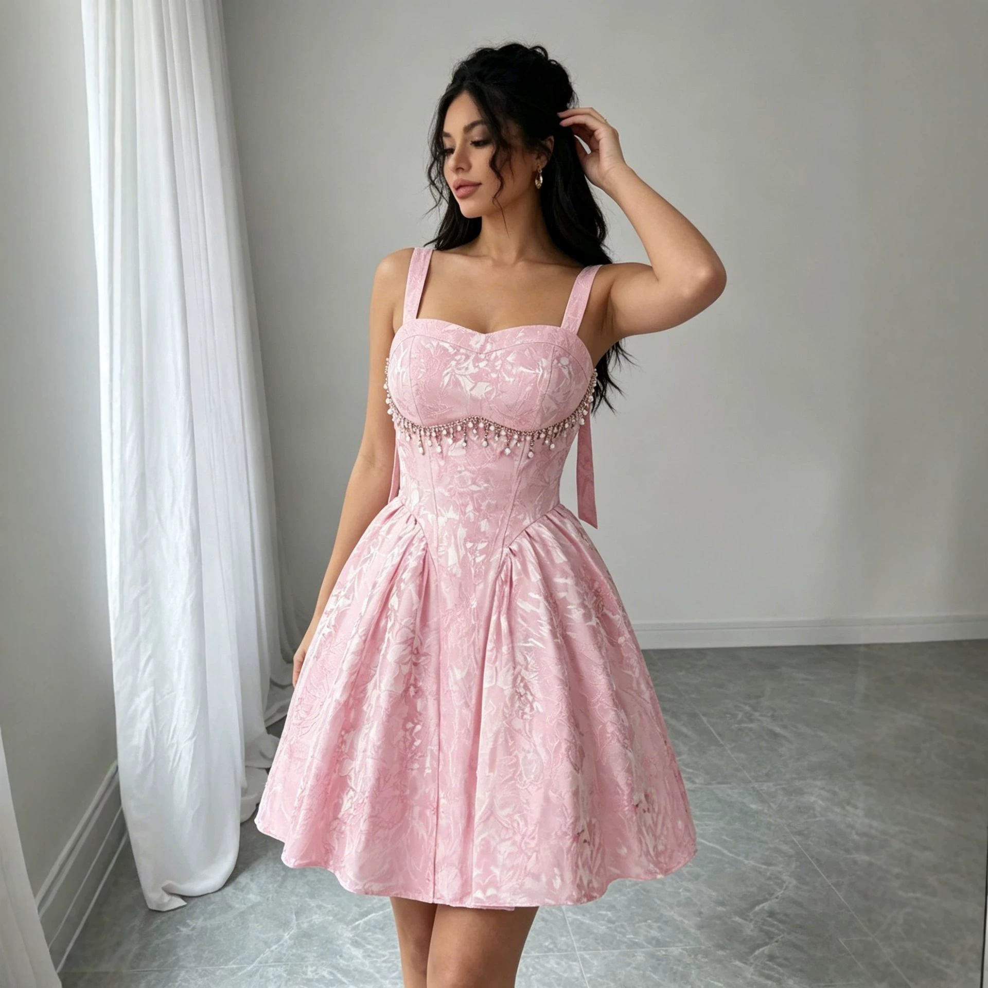 Pink Jacquard Spaghetti Strap Dress with Rhinestone and Pearl Tassels at the Waist, Short Puffy Cocktail Dress Wholesale