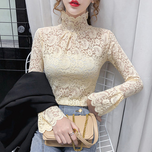 Design Sense Spring and Autumn Inner High Collar Hollow Top Lace Base Shirt Women's 2024 New European Goods Niche Shirt Explosions