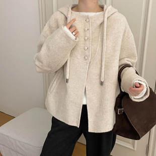 Lanzhi Clothing White Moonlight Drawstring Hooded Single-breasted Shoulder Sleeve Wool Coat Woolen Coat Women